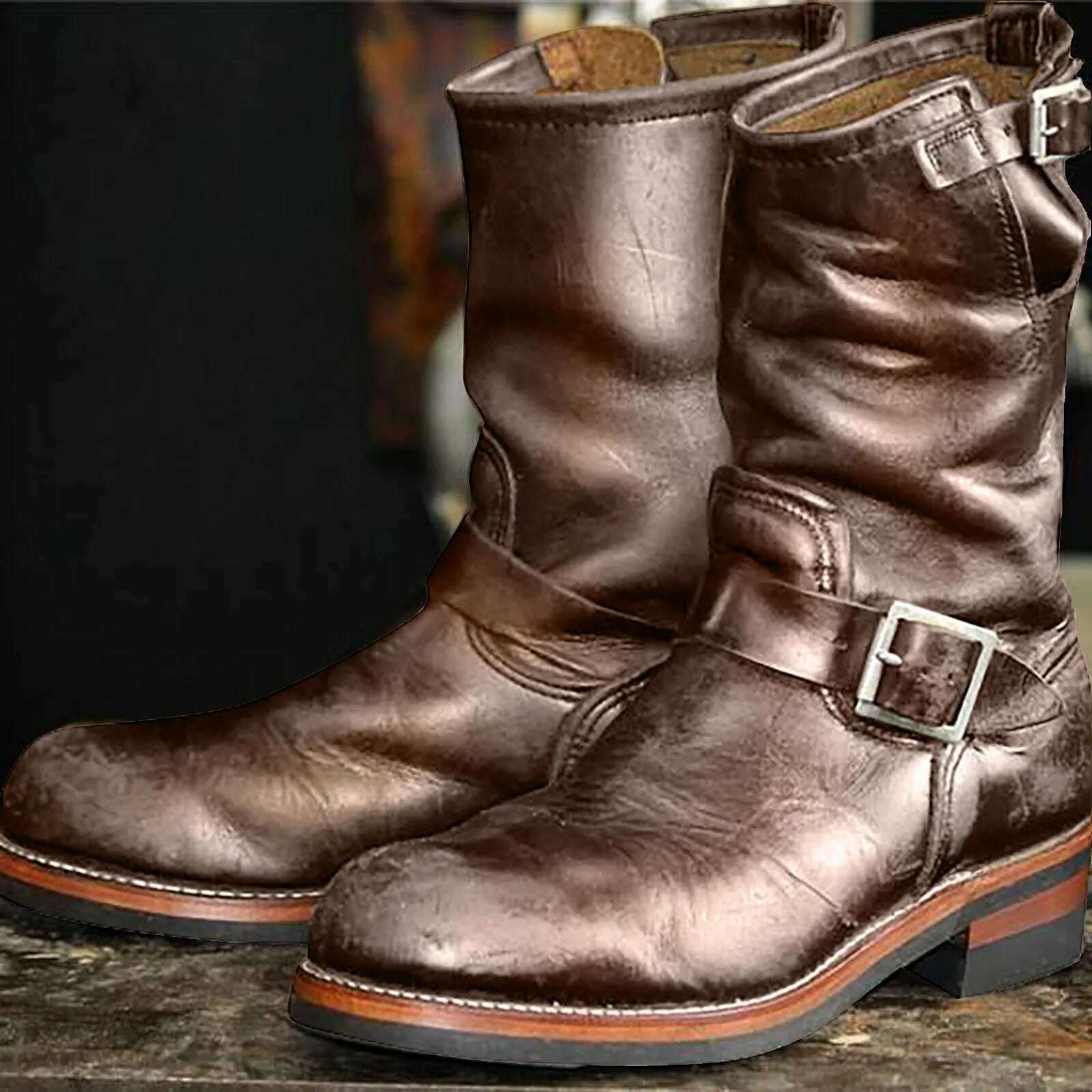 KIMLUD, Men's Vintage Cowboy Boots Leather High Top Chain Buckle Strap Punk Shoes Pointed Toe Biker Boots Men Botas Mujer, Coffee / 40 / United States, KIMLUD Women's Clothes