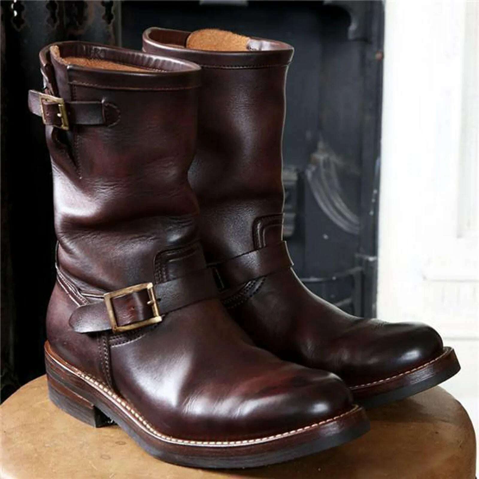 KIMLUD, Men's Vintage Cowboy Boots Leather High Top Chain Buckle Strap Punk Shoes Pointed Toe Biker Boots Men Botas Mujer, KIMLUD Women's Clothes
