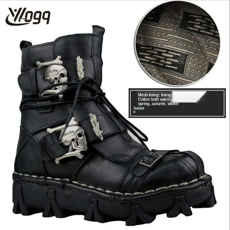 KIMLUD, Men's Vintage Genuine Leather Motorcycle Boots Mid-Calf Punk Steam Boots Military Combat Boots Skull Male Platform Basic Boots, KIMLUD Womens Clothes