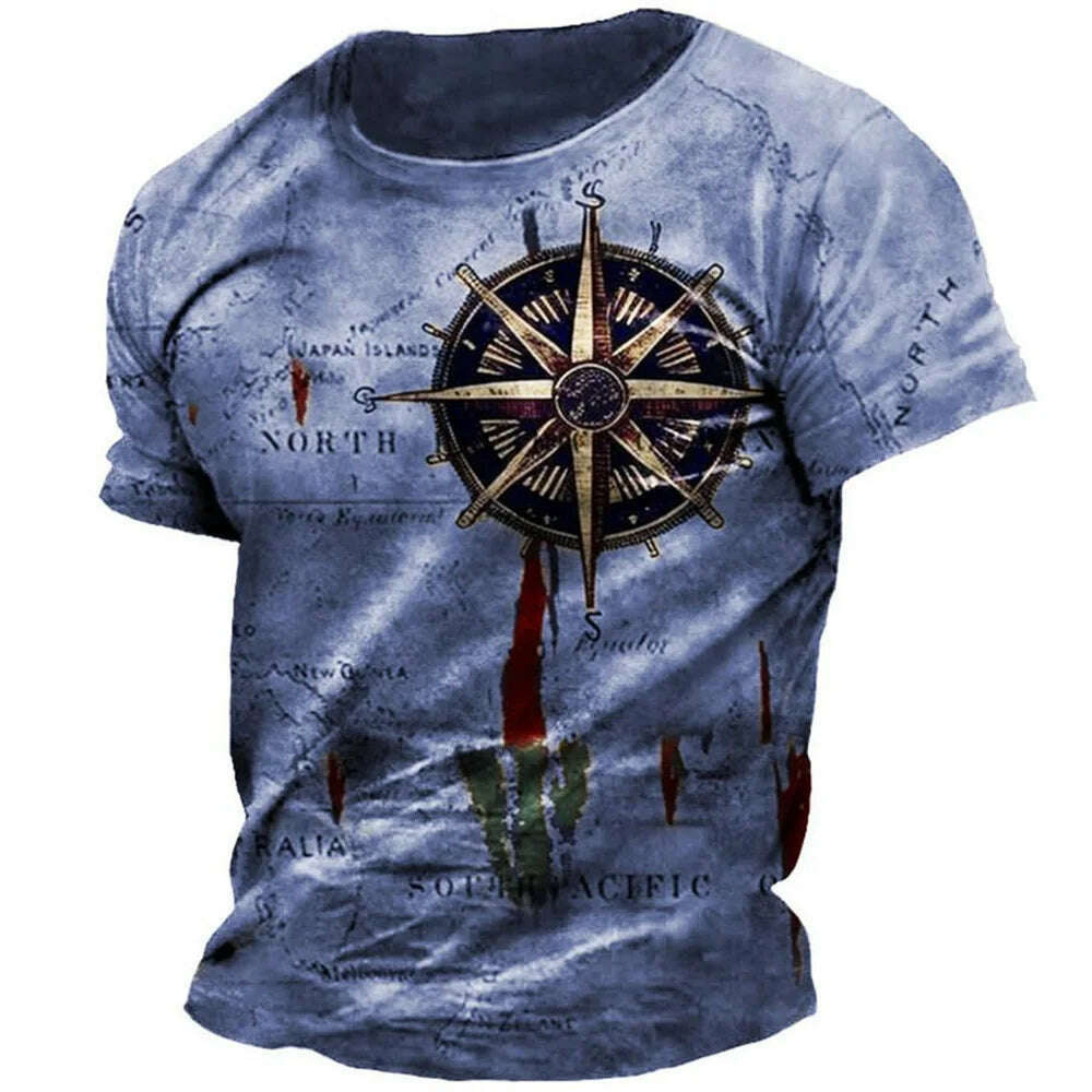 Men's Vintage Nautical Map Compass Print T-Shirt Summer Daily Loose Short Sleeve Male Tops Casual Tees Unisex Clothing Apparel - KIMLUD