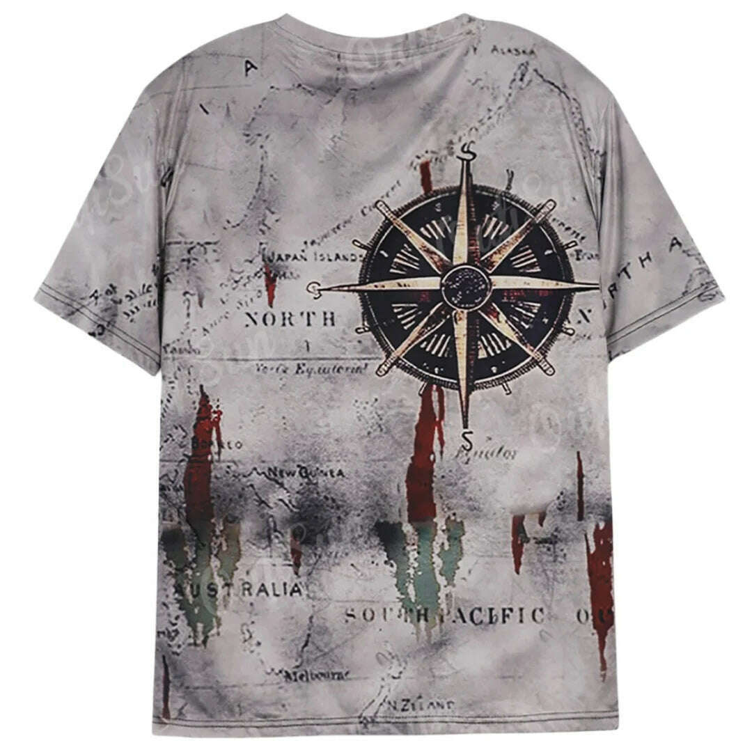 KIMLUD, Men's Vintage Nautical Map Compass Print T-Shirt Summer Daily Loose Short Sleeve Male Tops Casual Tees Unisex Clothing Apparel, KIMLUD Women's Clothes