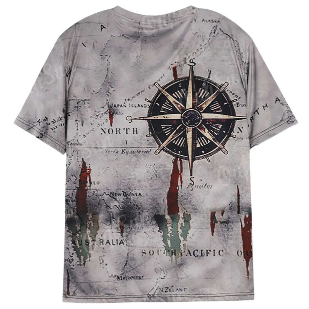 Men's Vintage Nautical Map Compass Print T-Shirt Summer Daily Loose Short Sleeve Male Tops Casual Tees Unisex Clothing Apparel - KIMLUD