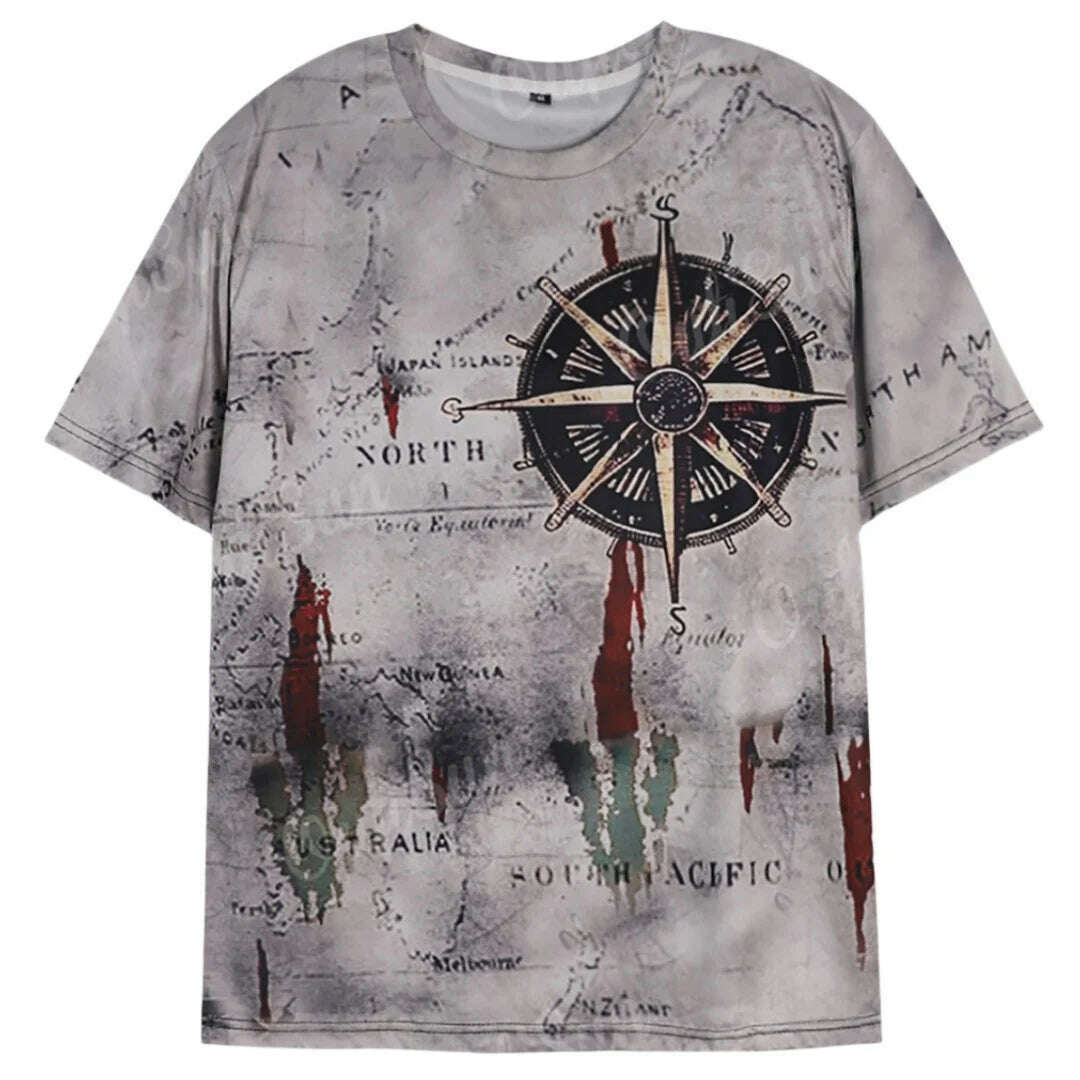 Men's Vintage Nautical Map Compass Print T-Shirt Summer Daily Loose Short Sleeve Male Tops Casual Tees Unisex Clothing Apparel - KIMLUD
