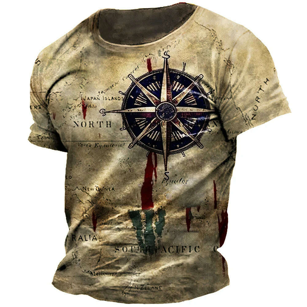 Men's Vintage Nautical Map Compass Print T-Shirt Summer Daily Loose Short Sleeve Male Tops Casual Tees Unisex Clothing Apparel - KIMLUD