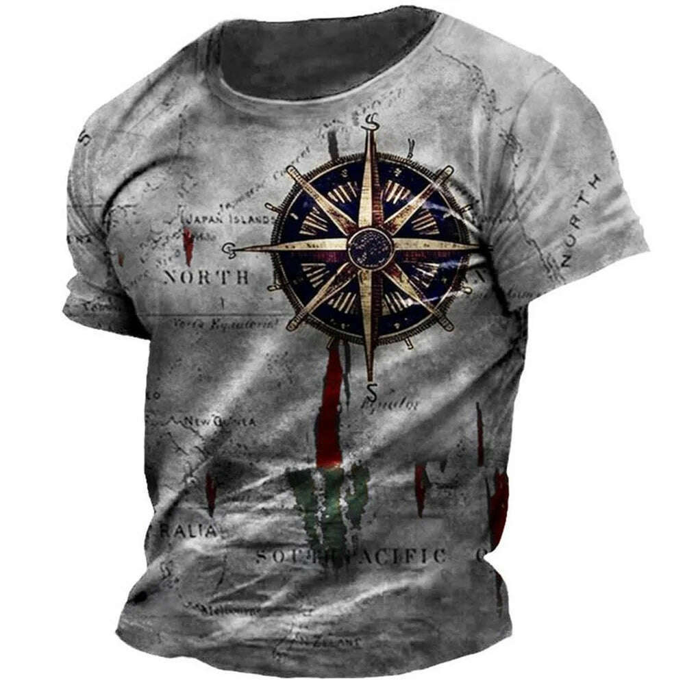 Men's Vintage Nautical Map Compass Print T-Shirt Summer Daily Loose Short Sleeve Male Tops Casual Tees Unisex Clothing Apparel - KIMLUD