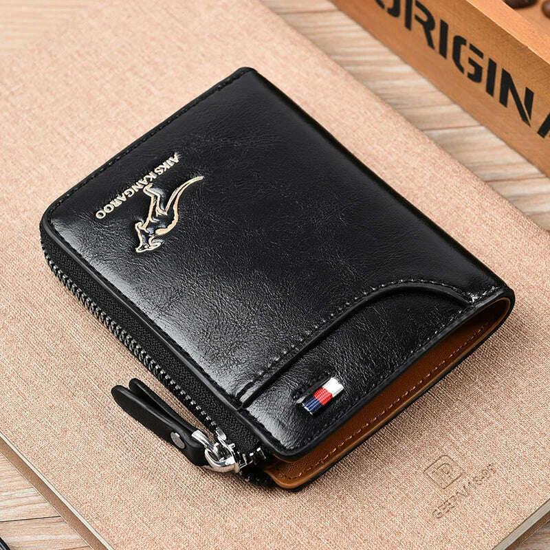KIMLUD, Mens Wallet Leather Business Card Holder Zipper Purse Luxury Wallets for Men RFID Protection Purses Carteira Masculina Luxury, Black, KIMLUD Womens Clothes