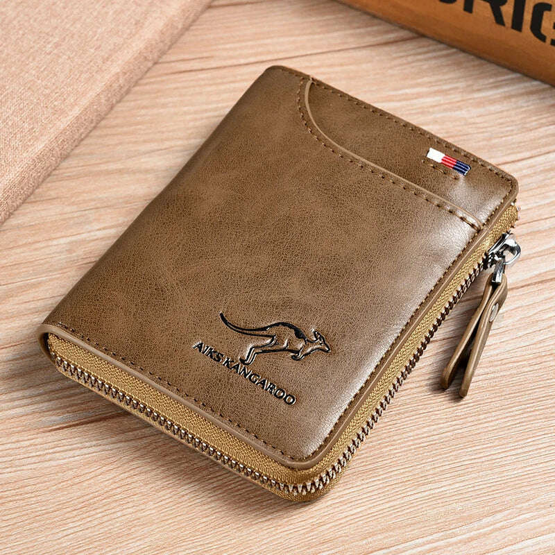 KIMLUD, Mens Wallet Leather Business Card Holder Zipper Purse Luxury Wallets for Men RFID Protection Purses Carteira Masculina Luxury, Khaki, KIMLUD Womens Clothes