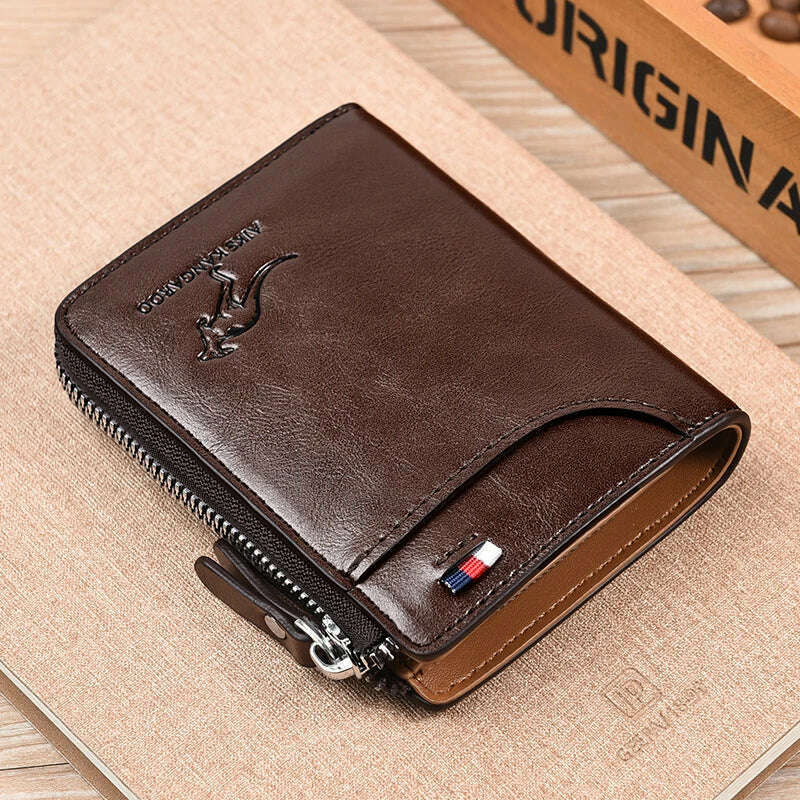 KIMLUD, Mens Wallet Leather Business Card Holder Zipper Purse Luxury Wallets for Men RFID Protection Purses Carteira Masculina Luxury, Coffee, KIMLUD Womens Clothes