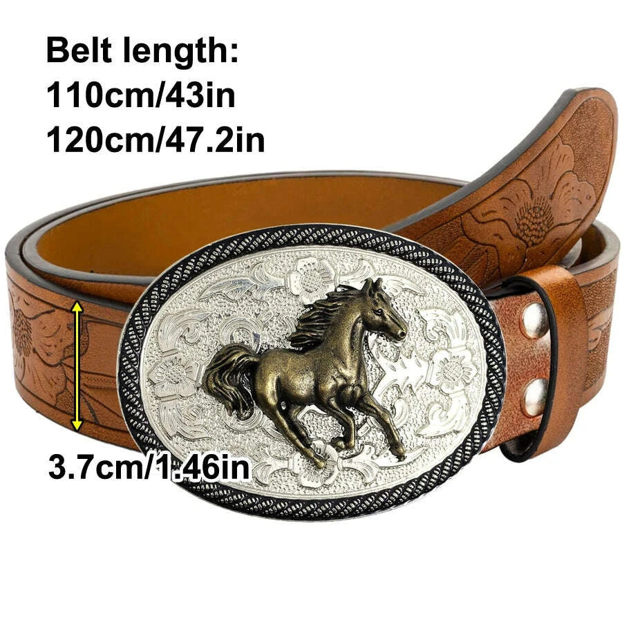 Men's Western Style Belt - Horse Print Floral Carving - PU | KIMLUD