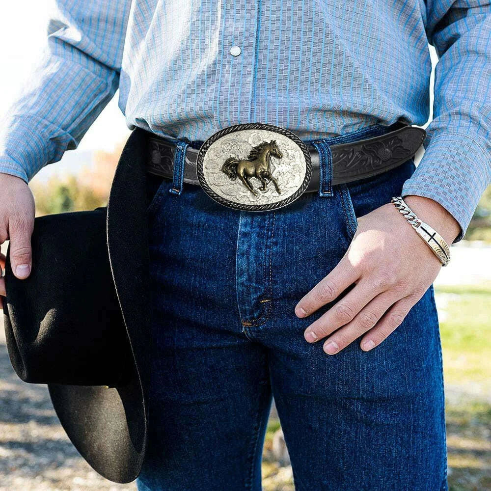 Men's Western Style Belt - Horse Print Floral Carving - PU | KIMLUD