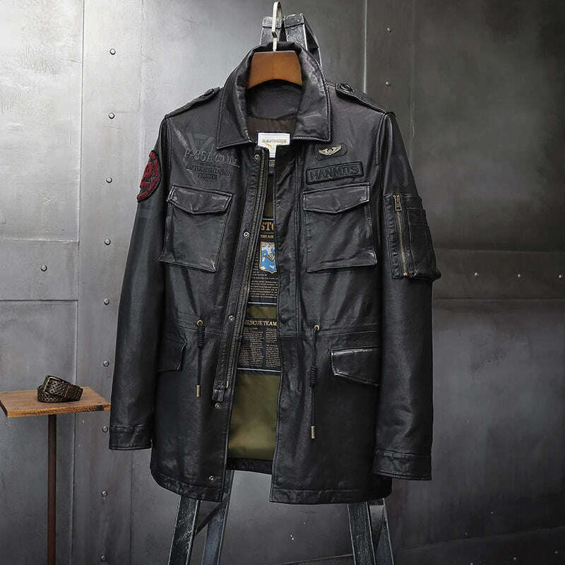 Men's Winter Real Genuine Leather Jackets Motorcycle Flight Pilot Bomber Jackets For Men long Trench Male Aviator Coats 2022, black / M, KIMLUD Women's Clothes