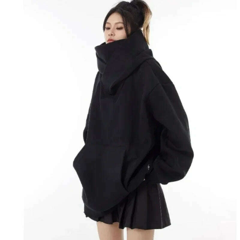Mens Womens High Collar Hooded Sweatshirt Social Horror American Style Coat Harajuku Hiphop Streetwear Fleece Loose Couple Tops - KIMLUD