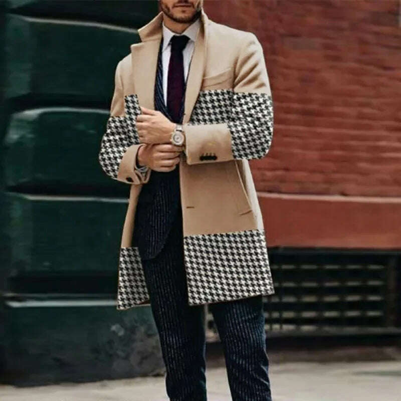 KIMLUD, Men's Woolen Coat Autumn Splicing Casual Windbreaker Jackets Male Fashion Overcoat Single Breasted Jaqueta Masculina, Apricot / S, KIMLUD Womens Clothes