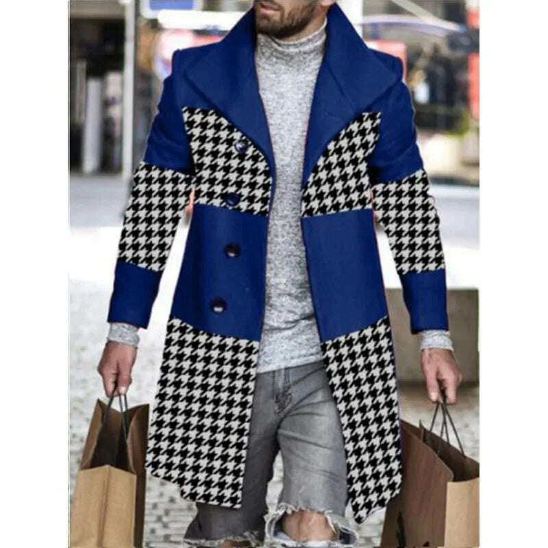 Men's Woolen Coat Autumn Splicing Casual Windbreaker Jackets Male Fashion Overcoat Single Breasted Jaqueta Masculina, Blue / S, KIMLUD Women's Clothes