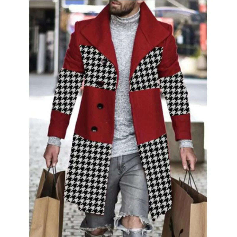 Men's Woolen Coat Autumn Splicing Casual Windbreaker Jackets Male Fashion Overcoat Single Breasted Jaqueta Masculina, Red / S, KIMLUD Women's Clothes