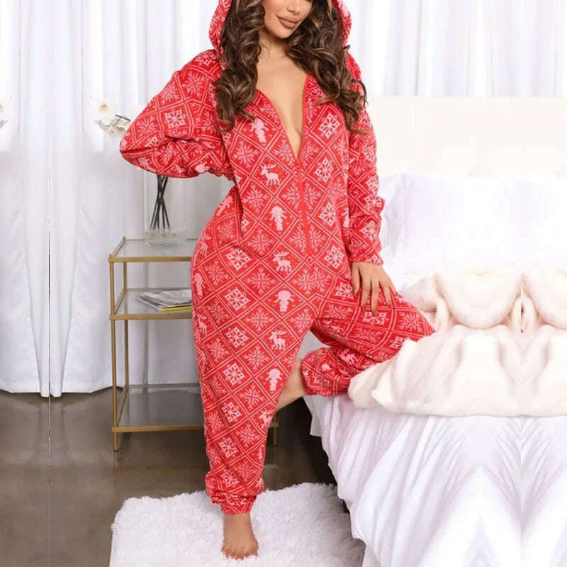 KIMLUD, Merry Christmas Women Winter Pajamas Jumpsuit Zipper Hoodies Sleepwear Long Pants Jumpsuits For Women Print Pyjamas Plus Size, 09 / S, KIMLUD APPAREL - Womens Clothes