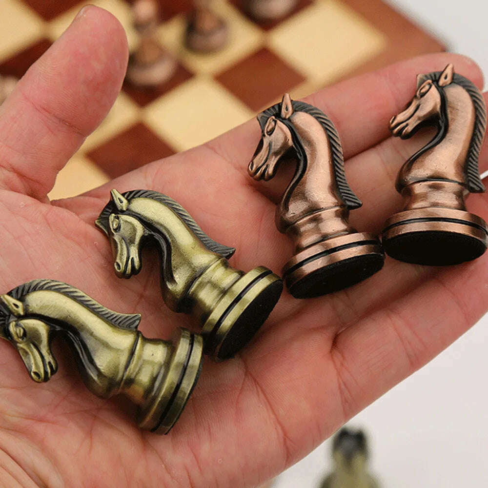 Metal Medieval Chess Set with High Quality Wooden Chessboard Adult and Children 32 Metal Chess Pieces Family Game Toy Gift - KIMLUD