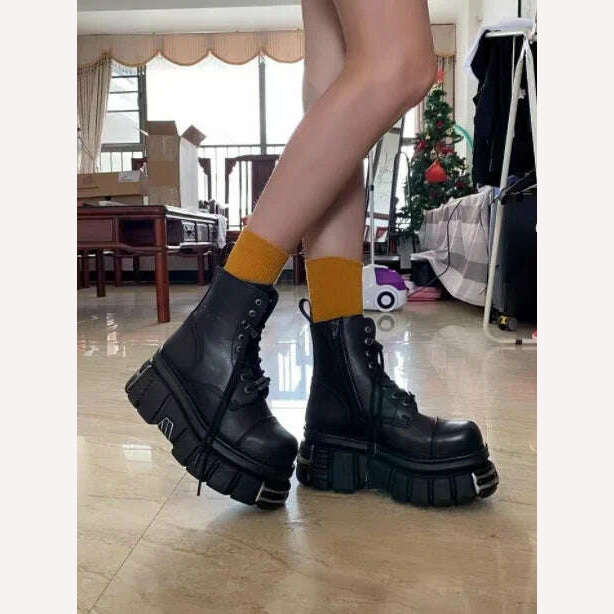 KIMLUD, metal punk Boots Fashion Ankle Boots Women Autumn Winter Shoes Platform Boots Ladies Lace Up Motorcycle Booties Zapatos De Mujer, KIMLUD Womens Clothes
