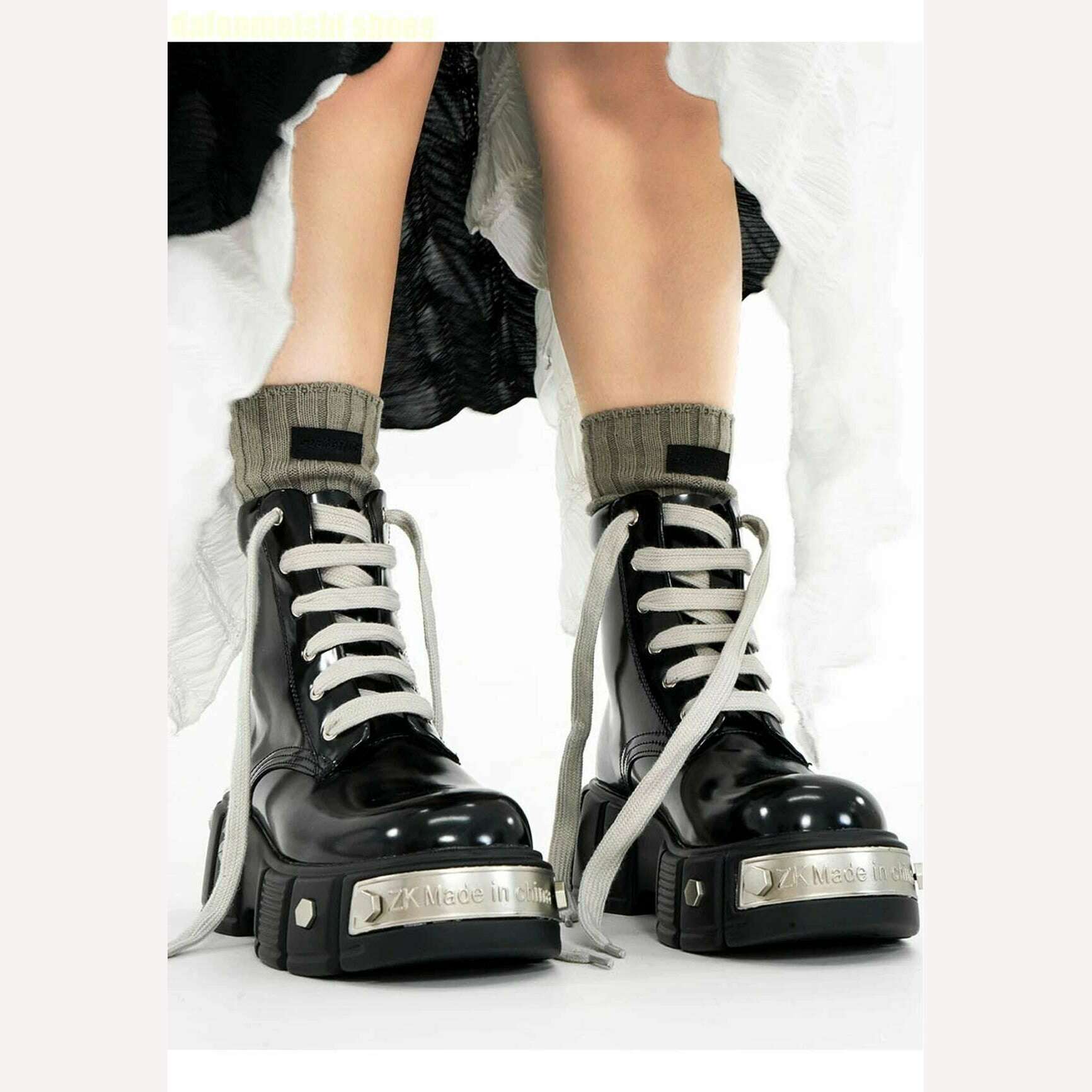 KIMLUD, Metal Rivet Platform Women Boots Patent Leather Lace Up Novelty Fashion Motorcycle Boots 2023 Winter New High Top Ankle Boots, KIMLUD Womens Clothes