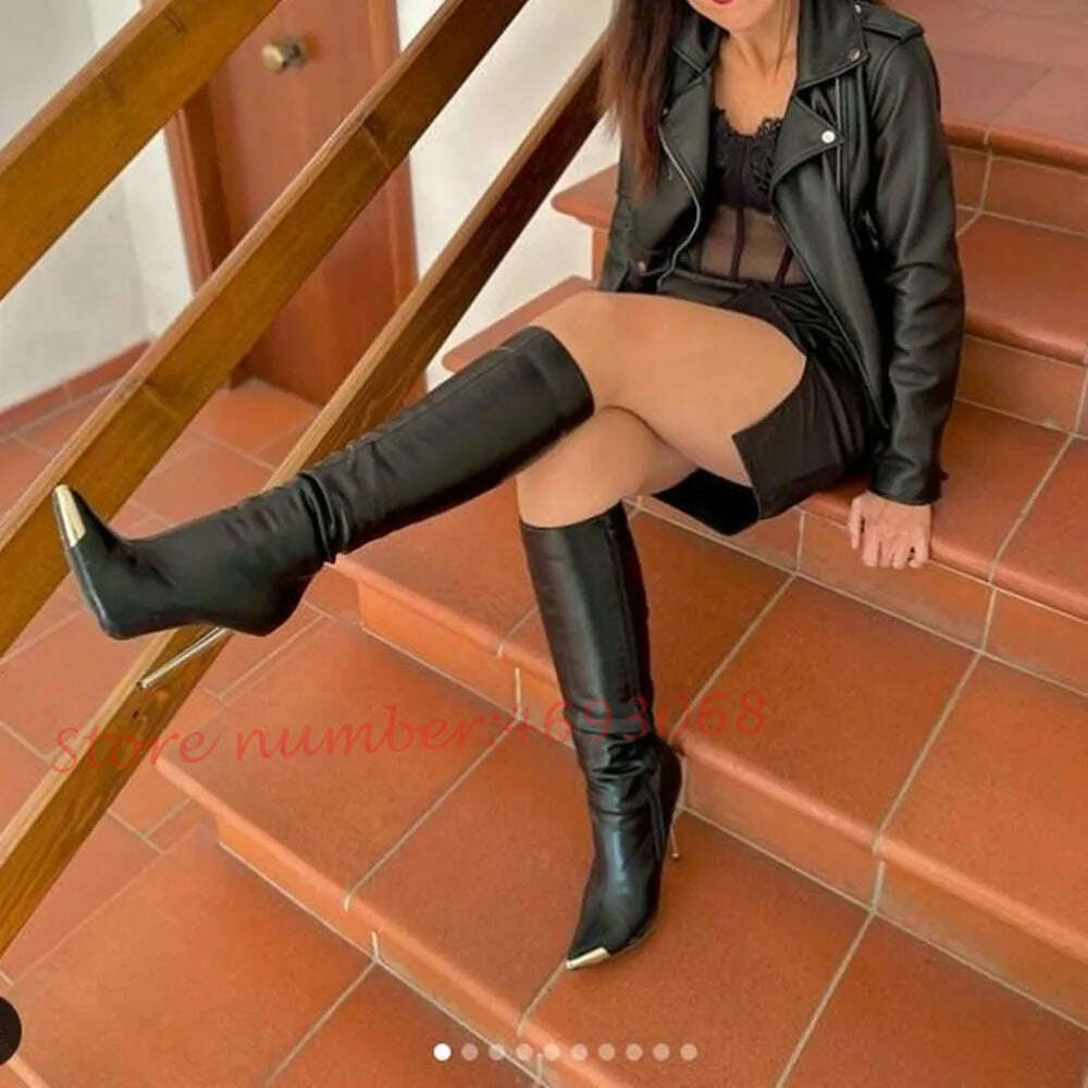 Metal Toe Leather Knee High Boots Women Winter Black Metal Heels Sexy Shoes Splicing Pointy Toe Side Zipper Trends Long Boots - KIMLUD