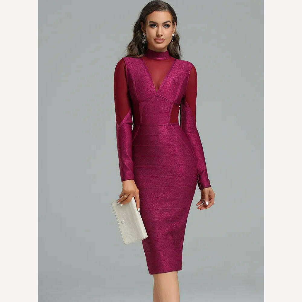 KIMLUD, Metallic Bandage Dress Long Sleeve Party Dress Bodycon Women Elegant Sexy Wine Mesh Insert Evening Birthday Club Outfit 2023, Burgundy / S, KIMLUD APPAREL - Womens Clothes