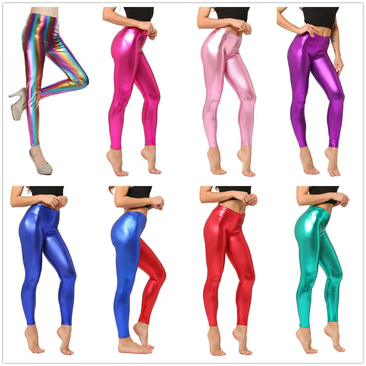 Metallic Color PU Leggings Women Faux Leather Pants Dancing Party Pant Sexy Night Club Skinny Costume Pants Tight Trousers, KIMLUD Women's Clothes