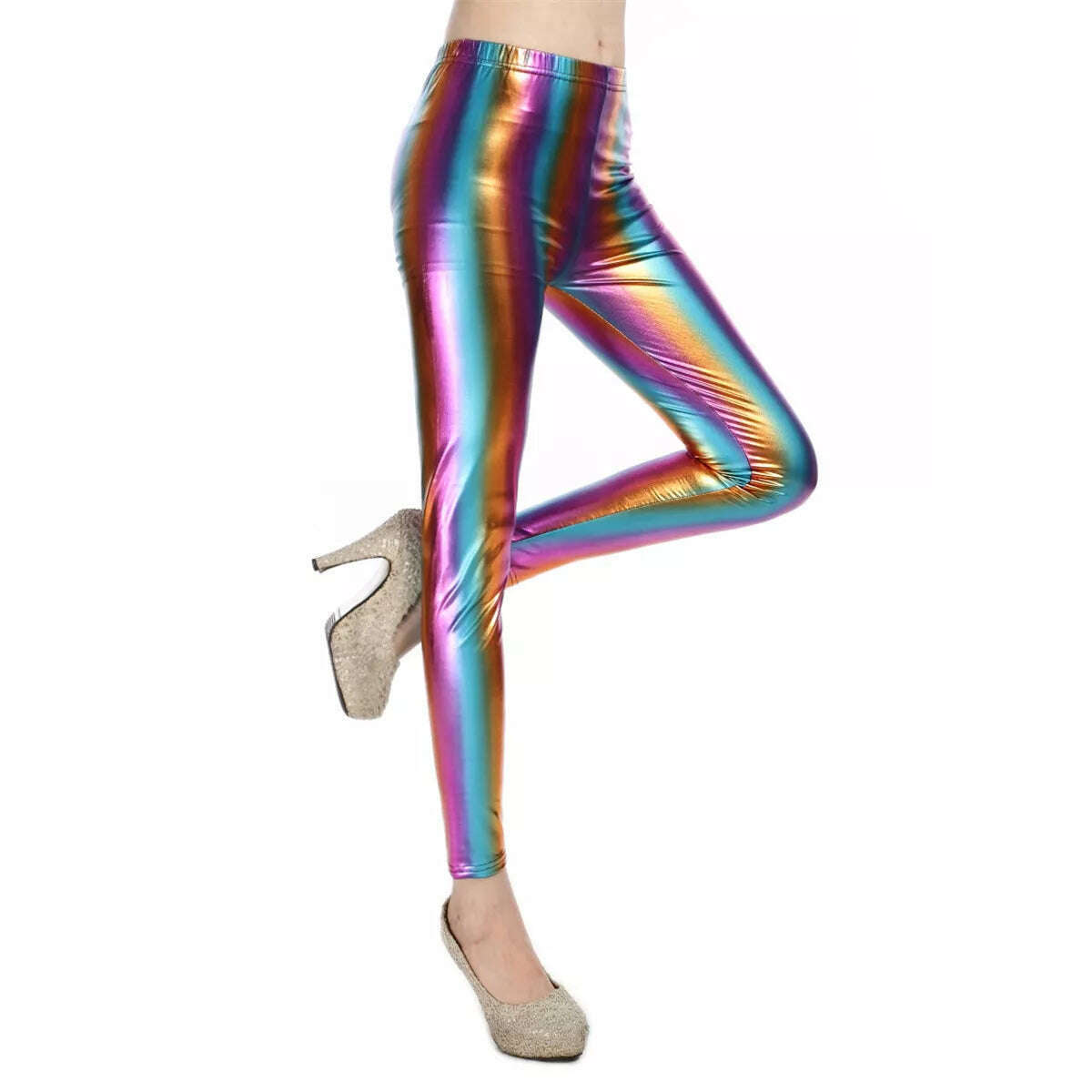 Metallic Color PU Leggings Women Faux Leather Pants Dancing Party Pant Sexy Night Club Skinny Costume Pants Tight Trousers - KIMLUD