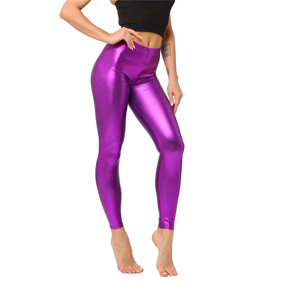 KIMLUD, Metallic Color PU Leggings Women Faux Leather Pants Dancing Party Pant Sexy Night Club Skinny Costume Pants Tight Trousers, Purple / One size 50kg below, KIMLUD Women's Clothes