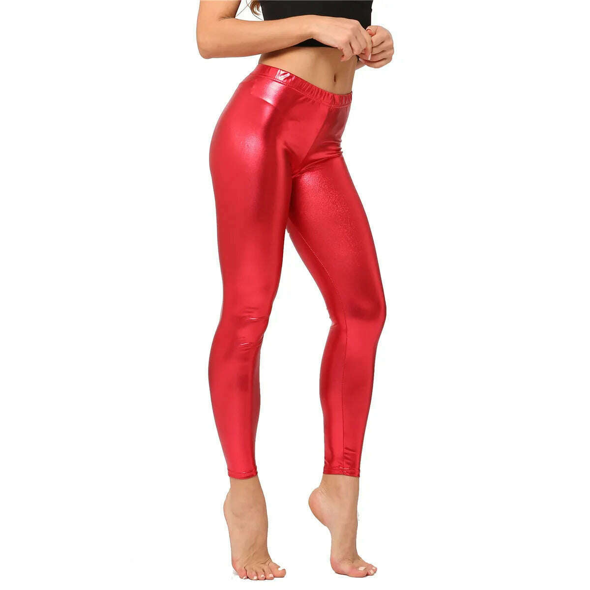 KIMLUD, Metallic Color PU Leggings Women Faux Leather Pants Dancing Party Pant Sexy Night Club Skinny Costume Pants Tight Trousers, Red / One size 50kg below, KIMLUD Women's Clothes