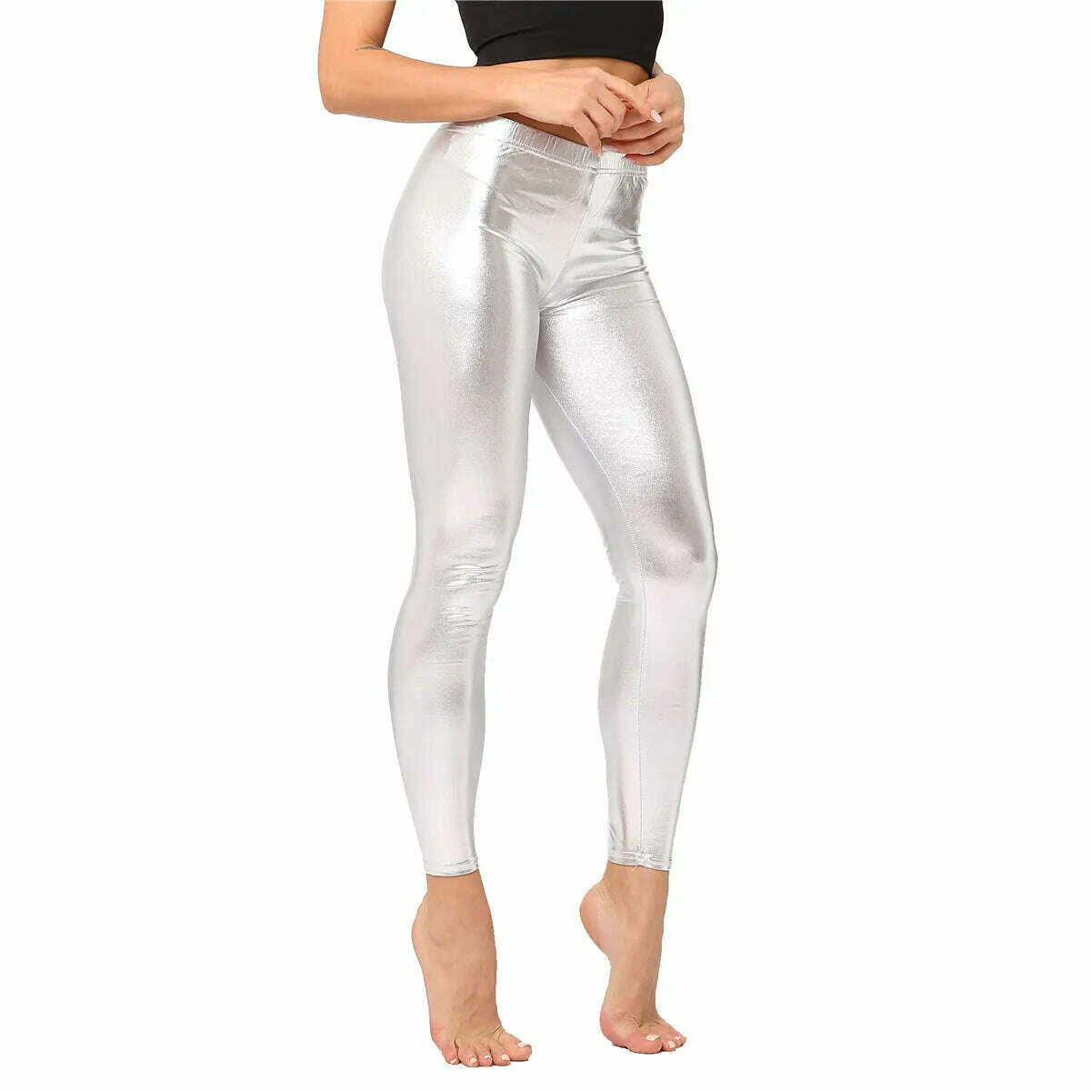 KIMLUD, Metallic Color PU Leggings Women Faux Leather Pants Dancing Party Pant Sexy Night Club Skinny Costume Pants Tight Trousers, Silver / One size 50kg below, KIMLUD Women's Clothes