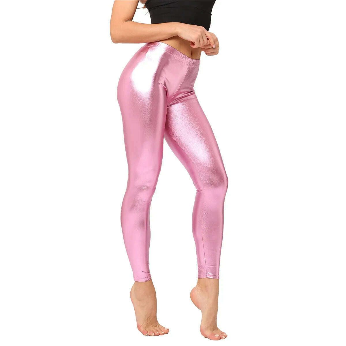 KIMLUD, Metallic Color PU Leggings Women Faux Leather Pants Dancing Party Pant Sexy Night Club Skinny Costume Pants Tight Trousers, Pink / One size 50kg below, KIMLUD Women's Clothes