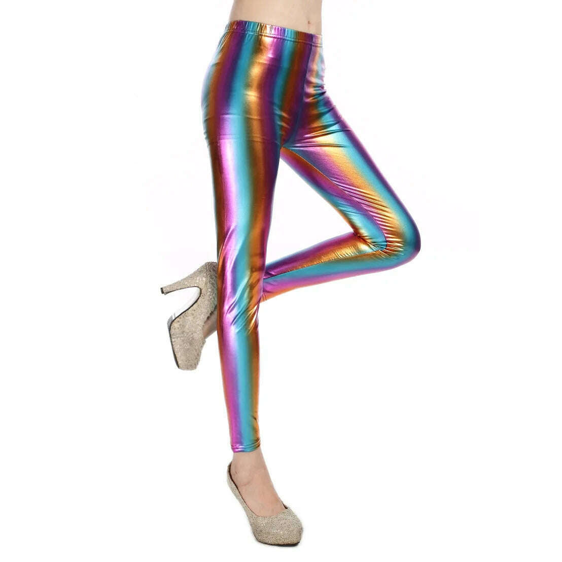 KIMLUD, Metallic Color PU Leggings Women Faux Leather Pants Dancing Party Pant Sexy Night Club Skinny Costume Pants Tight Trousers, Rainbow / One size 50kg below, KIMLUD Women's Clothes