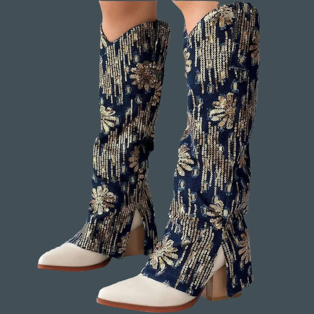 KIMLUD, Metallic Denin Womem Chelsea Boots High Heel Mid Calf Pointed Toe Platform Knee High Shoes Luxury Designer Fashion Elegant Boots, dark blue / 4, KIMLUD APPAREL - Womens Clothes