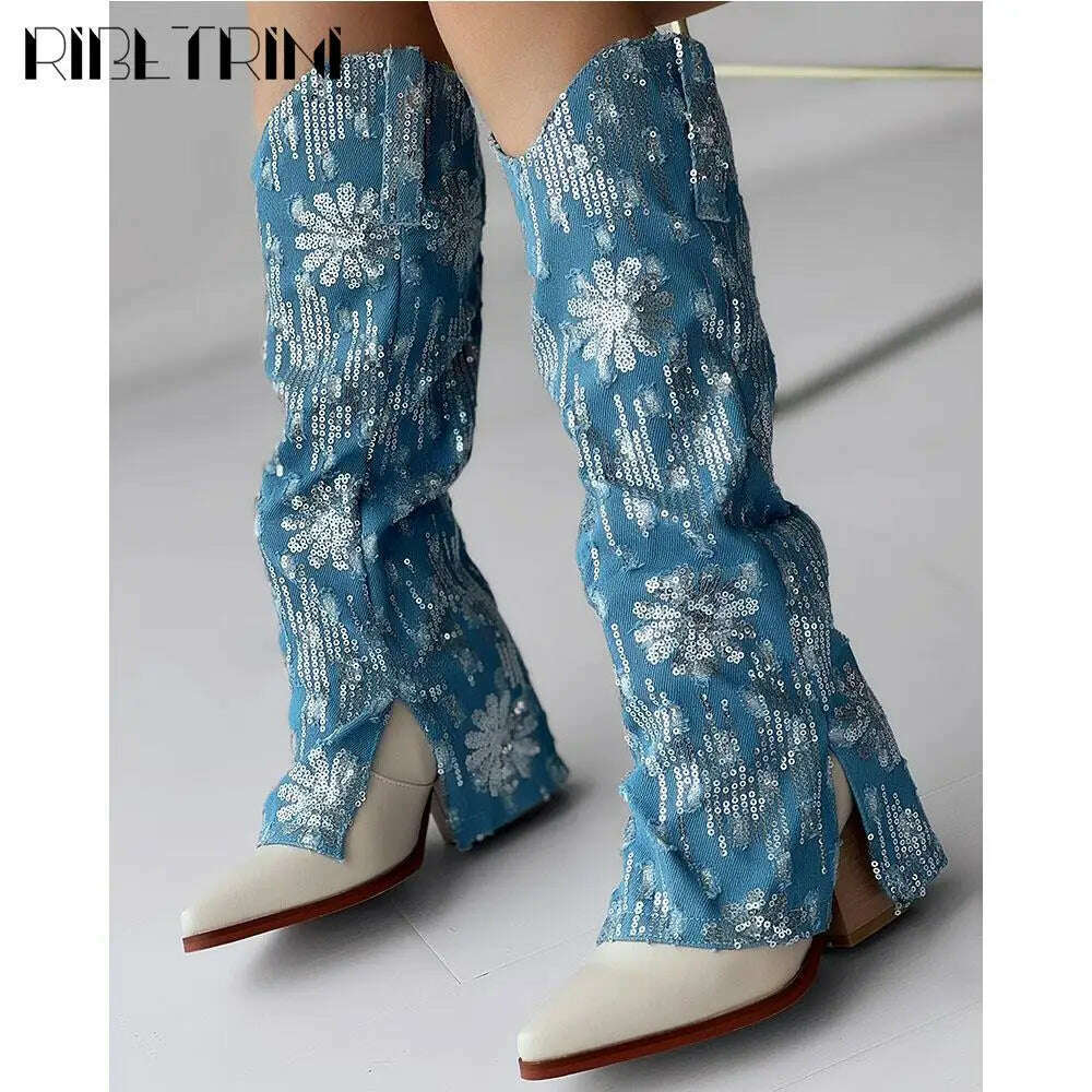 KIMLUD, Metallic Denin Womem Chelsea Boots High Heel Mid Calf Pointed Toe Platform Knee High Shoes Luxury Designer Fashion Elegant Boots, light blue / 4, KIMLUD Womens Clothes