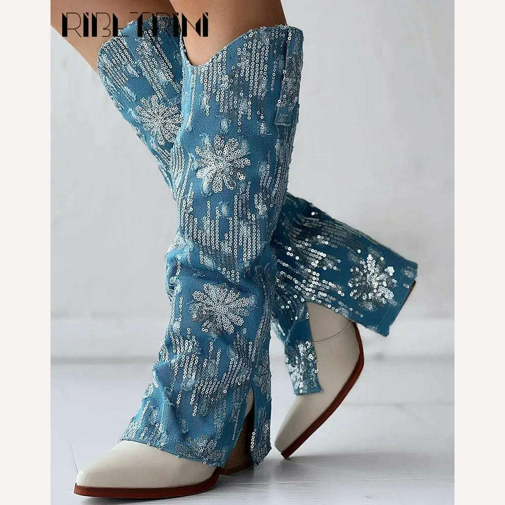 KIMLUD, Metallic Denin Womem Chelsea Boots High Heel Mid Calf Pointed Toe Platform Knee High Shoes Luxury Designer Fashion Elegant Boots, KIMLUD Womens Clothes
