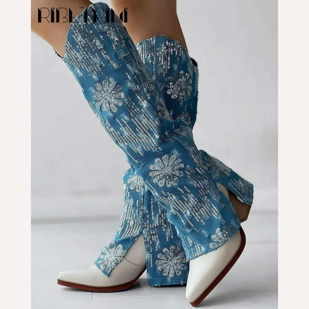 KIMLUD, Metallic Denin Womem Chelsea Boots High Heel Mid Calf Pointed Toe Platform Knee High Shoes Luxury Designer Fashion Elegant Boots, KIMLUD Womens Clothes