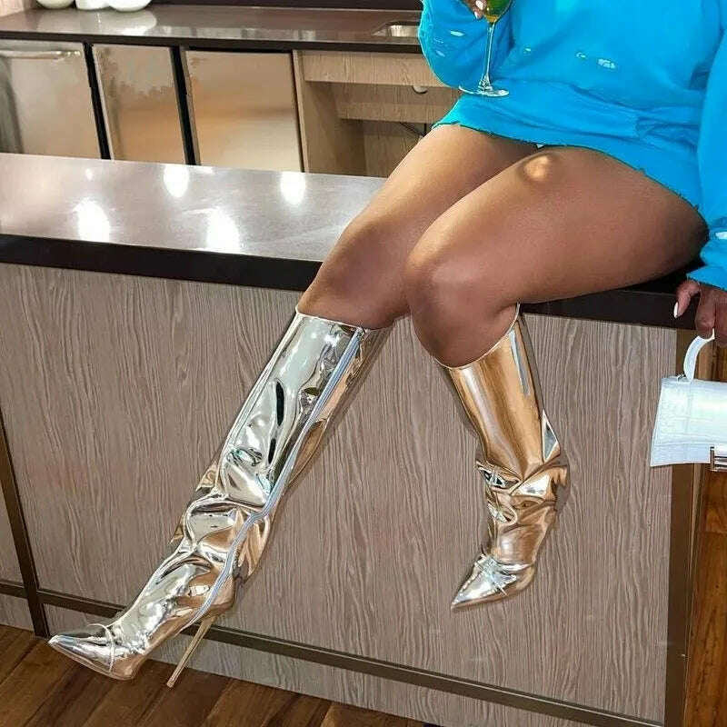 Metallic Leather Women Knee High Boots Brand Sexy Girls Pointed Toe Stiletto High Heels Thigh High Boots Fashion Nightclub Shoes - KIMLUD