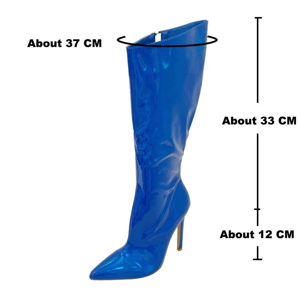 KIMLUD, Metallic Leather Women Knee High Boots Brand Sexy Girls Pointed Toe Stiletto High Heels Thigh High Boots Fashion Nightclub Shoes, KIMLUD Womens Clothes