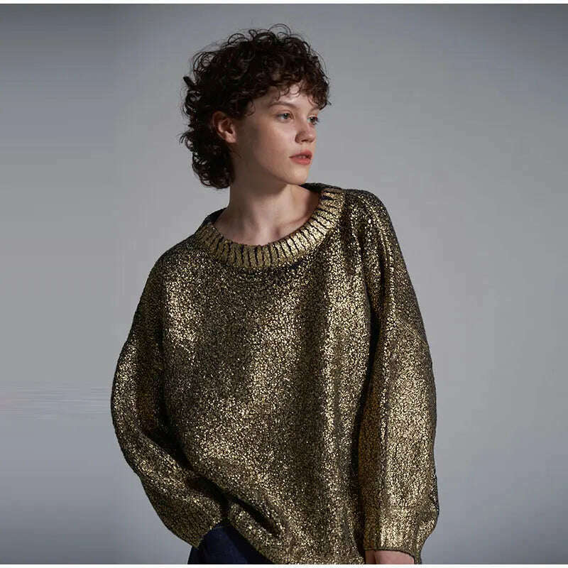 KIMLUD, Metallic Solid O Neck Sweater For Women Vintage Loose Long Sleeve Shinny Pullover 2023 Autumn Female Fashion Street Chic Jumper, KIMLUD Womens Clothes