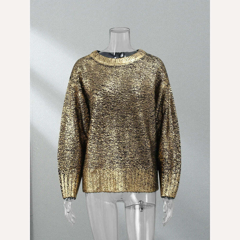 KIMLUD, Metallic Solid O Neck Sweater For Women Vintage Loose Long Sleeve Shinny Pullover 2023 Autumn Female Fashion Street Chic Jumper, KIMLUD Womens Clothes