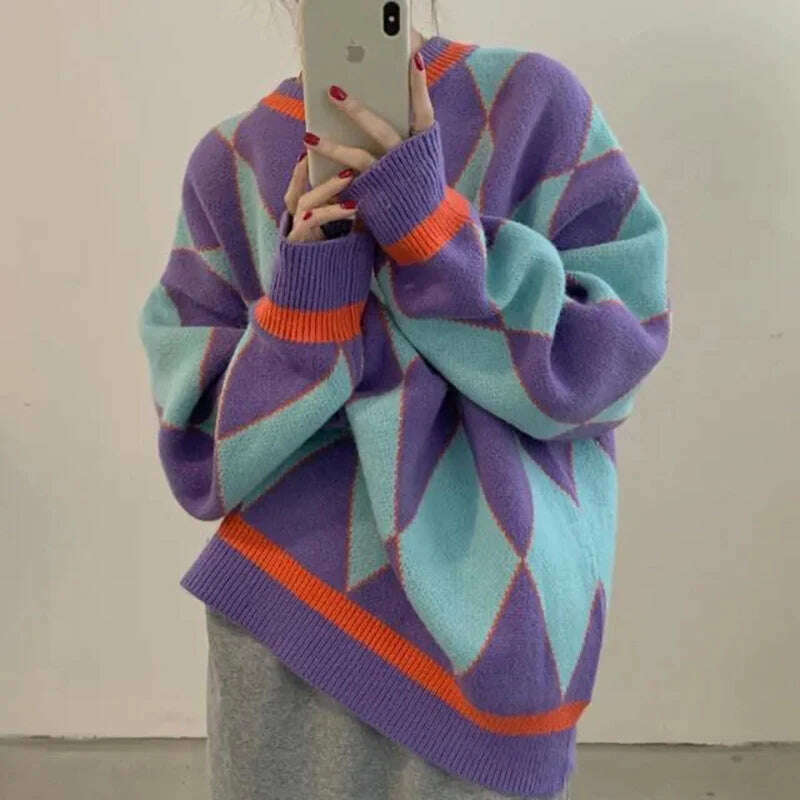 KIMLUD, MEXZT Streetwear Argyle Sweater Women Oversized Plaid Knitted Pullovers Vintage Korean Loose Knitwear Harajuku Casual Jumper New, Blue / S, KIMLUD Womens Clothes