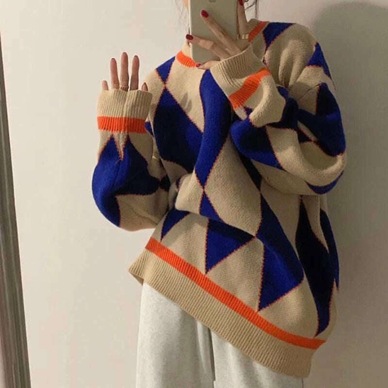 KIMLUD, MEXZT Streetwear Argyle Sweater Women Oversized Plaid Knitted Pullovers Vintage Korean Loose Knitwear Harajuku Casual Jumper New, Navy Blue / S, KIMLUD Womens Clothes