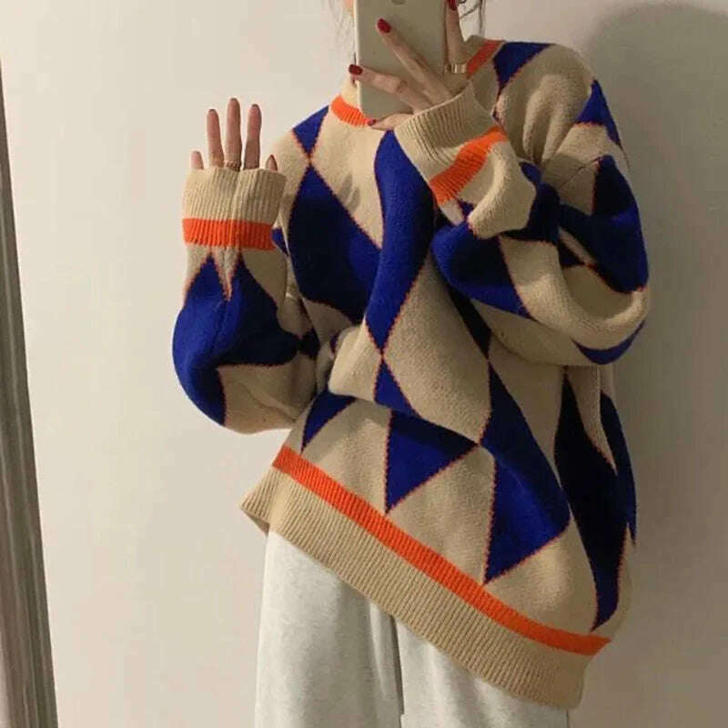 KIMLUD, MEXZT Streetwear Argyle Sweater Women Oversized Plaid Knitted Pullovers Vintage Korean Loose Knitwear Harajuku Casual Jumper New, KIMLUD Womens Clothes