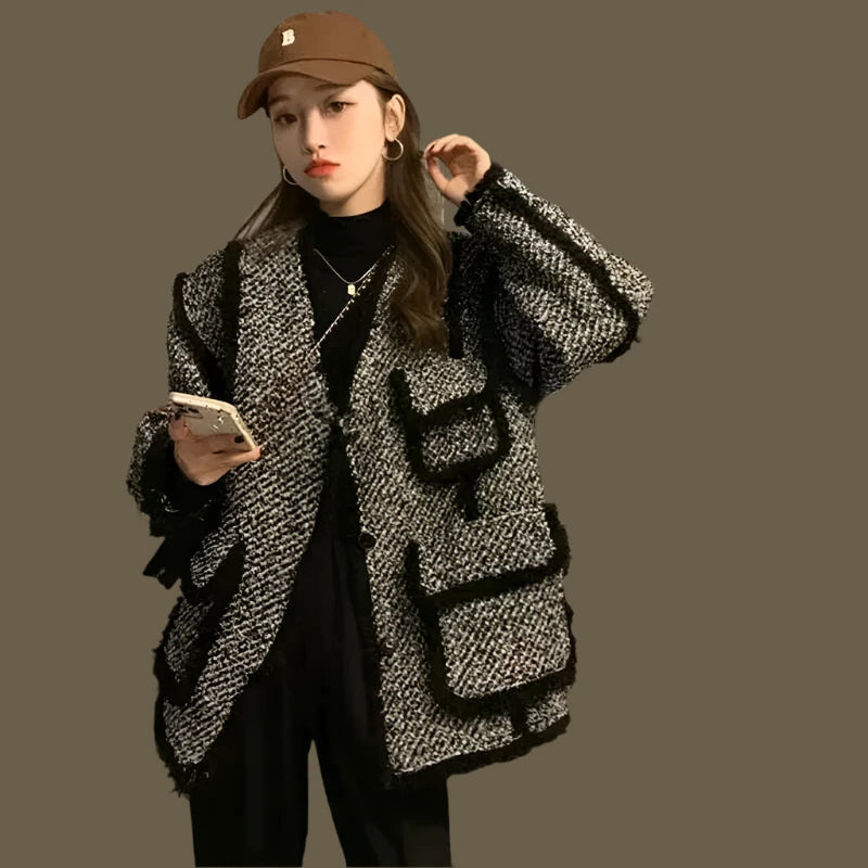 KIMLUD, MEXZT Vintage Tweed Jackets Women Black Patchwork Thick Coats Korean Elegant Wool Blends Winter Streetwear Casual Outerwear Tops, KIMLUD Womens Clothes