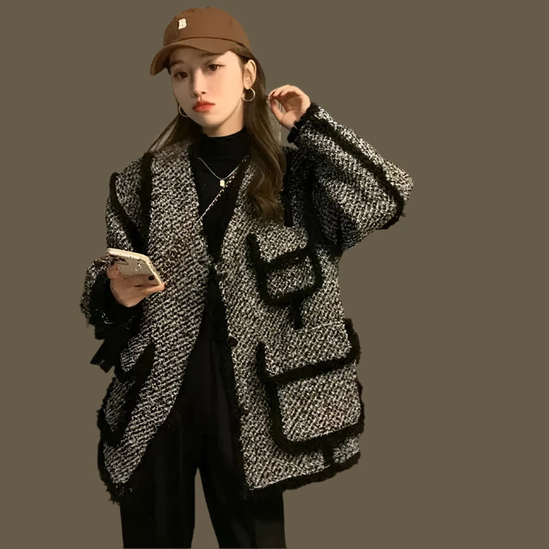 KIMLUD, MEXZT Vintage Tweed Jackets Women Black Patchwork Thick Coats Korean Elegant Wool Blends Winter Streetwear Casual Outerwear Tops, Black Thick / S, KIMLUD Womens Clothes