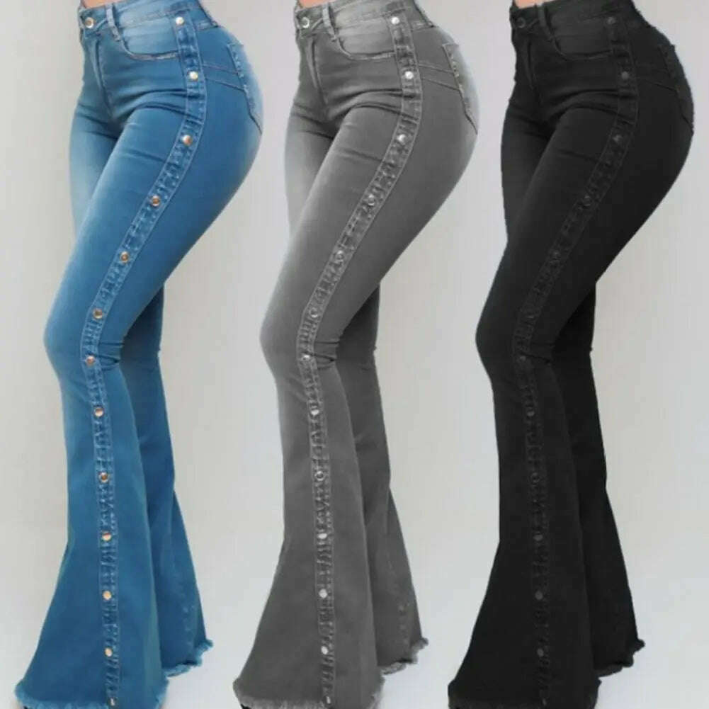 Mid Waisted Stretch Flare Jeans Women Denim Pants Wide Leg Butt-lifted Casual Korean Style Skinny Bell Bottom Pocket Trousers - KIMLUD
