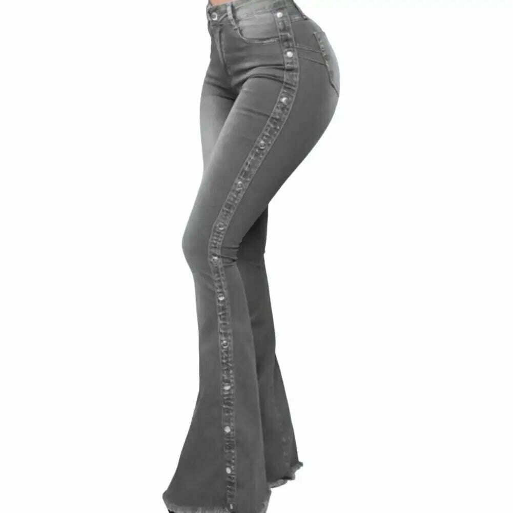 Mid Waisted Stretch Flare Jeans Women Denim Pants Wide Leg Butt-lifted Casual Korean Style Skinny Bell Bottom Pocket Trousers - KIMLUD
