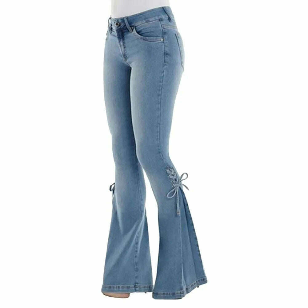 KIMLUD, Mid Waisted Stretch Flare Jeans Women Denim Pants Wide Leg Butt-lifted Casual Korean Style Skinny Bell Bottom Pocket Trousers, Light Blue	1 / S, KIMLUD Women's Clothes