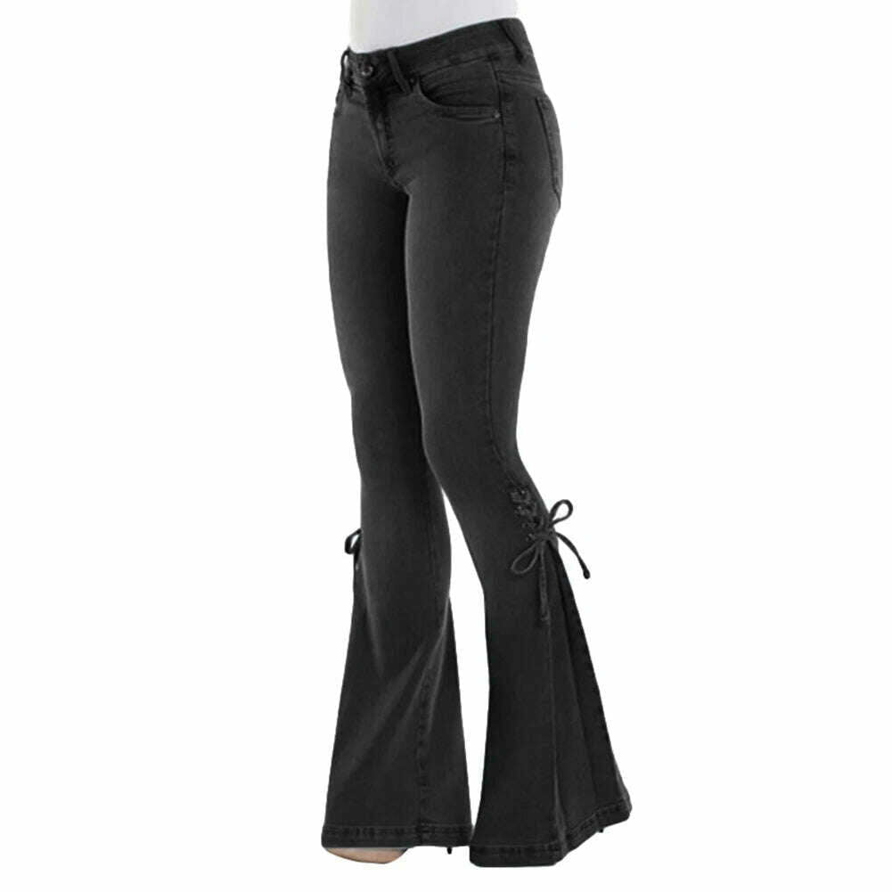 KIMLUD, Mid Waisted Stretch Flare Jeans Women Denim Pants Wide Leg Butt-lifted Casual Korean Style Skinny Bell Bottom Pocket Trousers, Black 1 / S, KIMLUD Women's Clothes