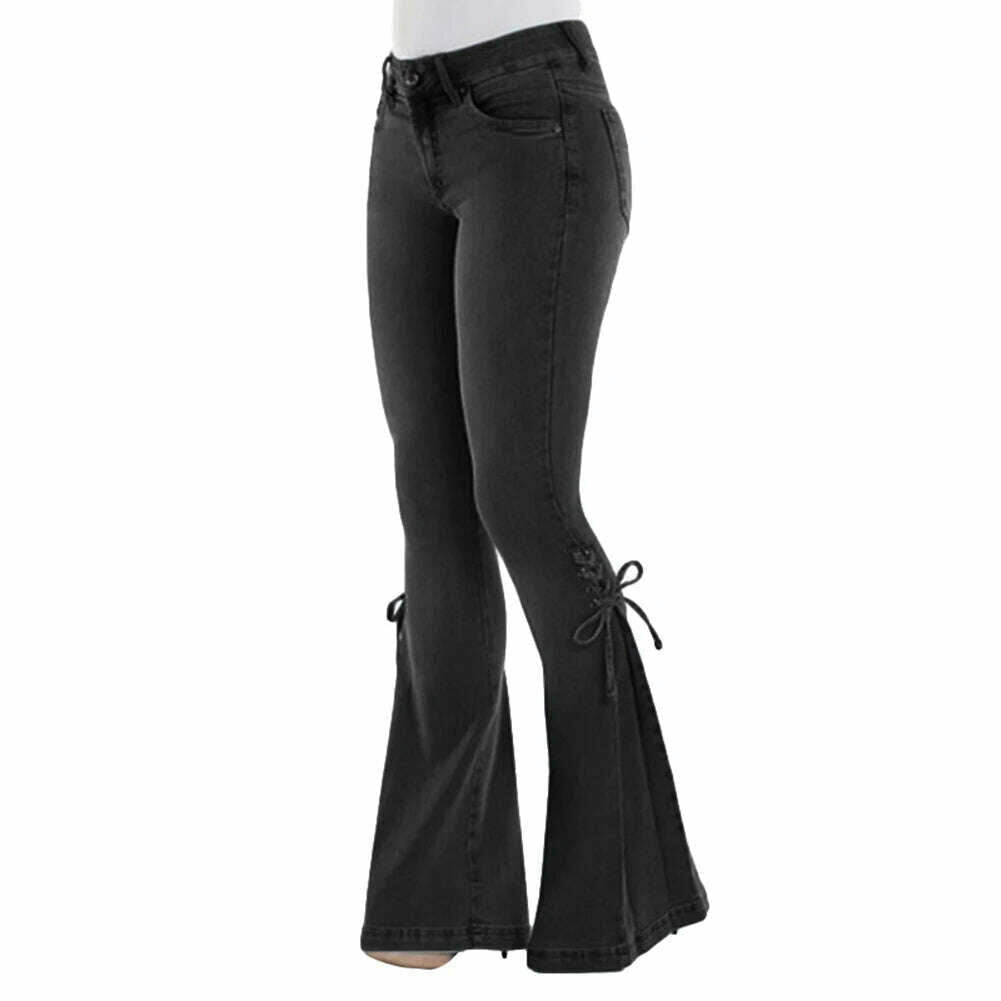 Mid Waisted Stretch Flare Jeans Women Denim Pants Wide Leg Butt-lifted Casual Korean Style Skinny Bell Bottom Pocket Trousers - KIMLUD